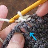 こま編み裏引き上げ編み[1] 矢印が指している目を横から丸ごと救って編みます。