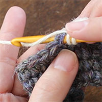 中長編み3目の玉編み[1] 糸をかけ、前段の目に針を入れます。