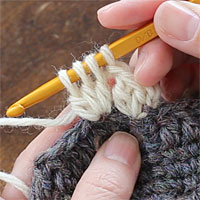 長編み3目の玉編み[4] もう一度、前段の同じ目に針を入れ、未完成の長編み3つ目を編みます。