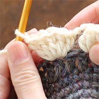 長編み5目のパプコーン編み[1] 前段の同じ目に針を入れて、長編みを5目編みます。