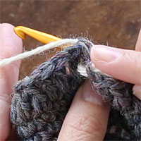 長編み裏引き上げ編み[3] 目の手前を通って、目の左から、裏側に向かって針を入れます。