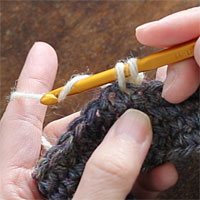 リング編み[5] もう一度糸をかけ、2つのループをくぐらせます。