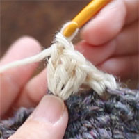 前段の目を束にすくって長編み5目編む[5] 同じところに針を入れて、3目めの長編みを編みました。