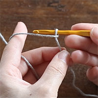 スレッドコードの編み方［1］くさりの作り目のときのように、針を1回転させてループを作ります。