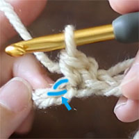 2つ目のこま編みは、矢印の位置に針を入れ、上の青印の2本をすくって編みます。先ほどと同様に、くさりの向こう側1本と裏山をすくうことになります。