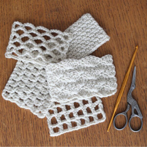 かぎ針編みの初心者におすすめの模様編み5選(よね編み、方眼編み、ネット編み、松編み、玉編み)の編み地と編み図の例