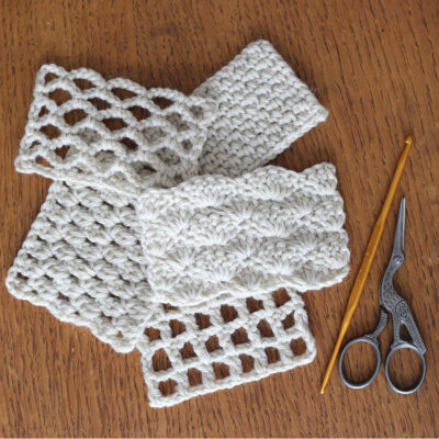 かぎ針編みの初心者におすすめの模様編み5選（よね編み、方眼編み、ネット編み、松編み、玉編み）の編み地と編み図の例