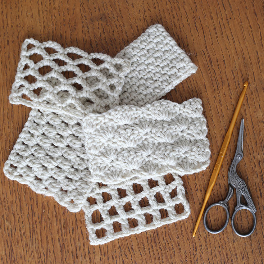 かぎ針編みの初心者におすすめの模様編み5選(よね編み、方眼編み、ネット編み、松編み、玉編み)の編み地と編み図の例