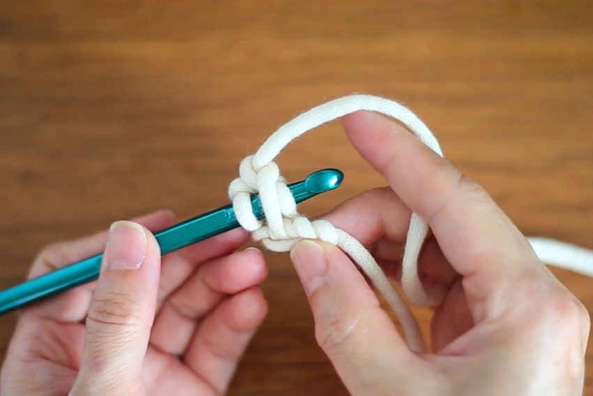 かぎ針編み 左利き 伸縮性のある作り目の目の拾い方 針を入れたところ