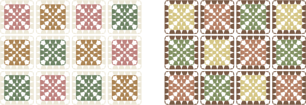 2色の毛糸で編んだモチーフ（グラニースクエア）のカラーチャート／配色例：グリーン・ベージュ系