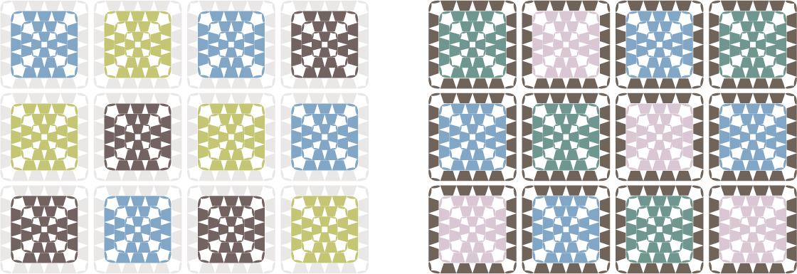 2色の毛糸で編んだモチーフ（グラニースクエア）のカラーチャート／配色例：ブルー・グレー系