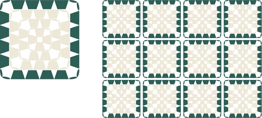 2色の毛糸で編んだモチーフ（グラニースクエア）のカラーチャート／配色例：アイボリー系 × ダークグリーン