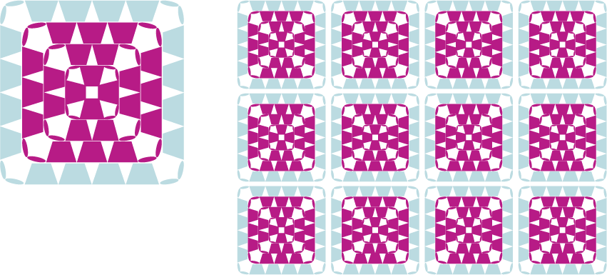 2色の毛糸で編んだモチーフ（グラニースクエア）のカラーチャート／配色例：マゼンタピンク × ベビーブルー