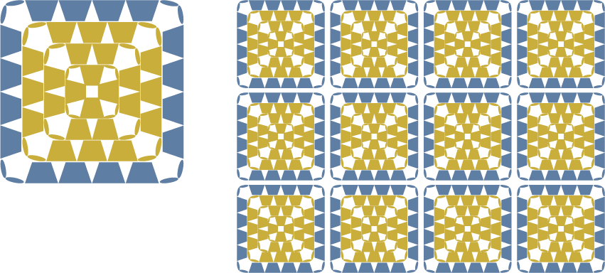 2色の毛糸で編んだモチーフ（グラニースクエア）のカラーチャート／配色例：マスタードイエロー × ダスティブルー