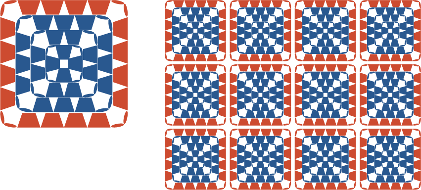 2色の毛糸で編んだモチーフ（グラニースクエア）のカラーチャート／配色例：テラコッタオレンジ × ネイビーブルー