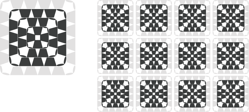 2色の毛糸で編んだモチーフ（グラニースクエア）のカラーチャート／配色例：チャコールグレー × ライトグレー