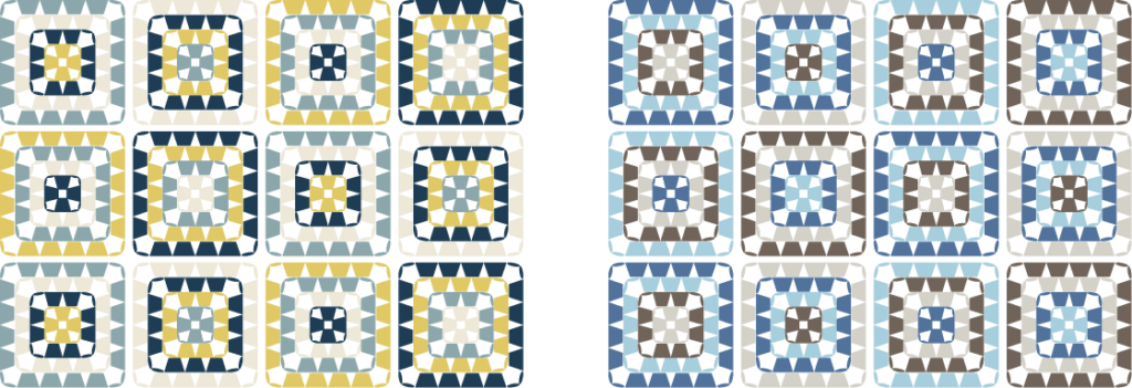 4色の毛糸を同量使用して編んだモチーフ（グラニースクエア）のカラーチャート／配色例