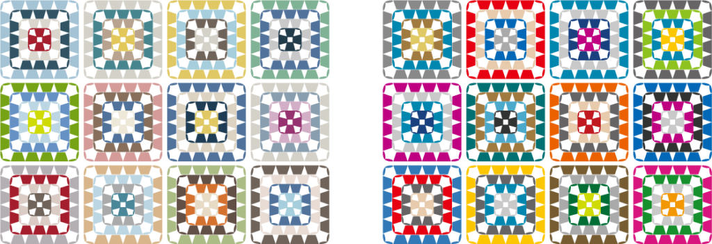 すべて違う色で編んだモチーフ（グラニースクエア）のカラーチャート／配色例