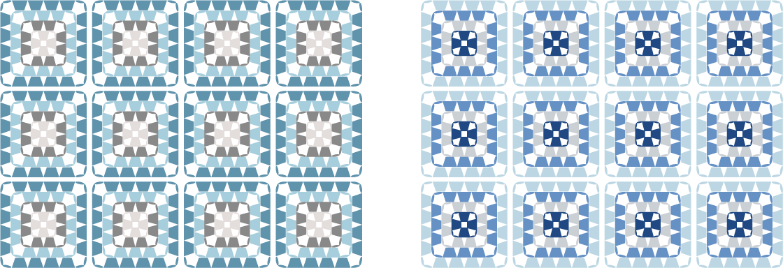 4色の毛糸で編んだモチーフ（グラニースクエア）のカラーチャート／配色例：グレイッシュブルー・クールなブルー