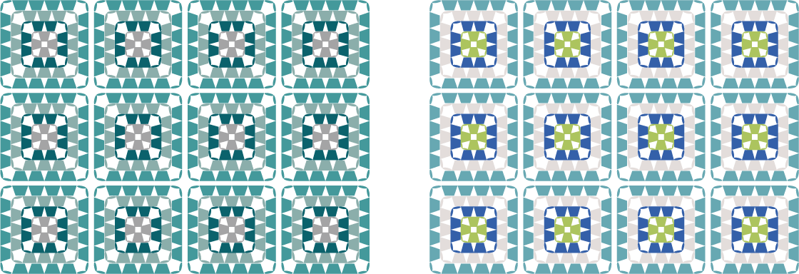 4色の毛糸で編んだモチーフ（グラニースクエア）のカラーチャート／配色例：ブルーグリーン・冴えたブルー
