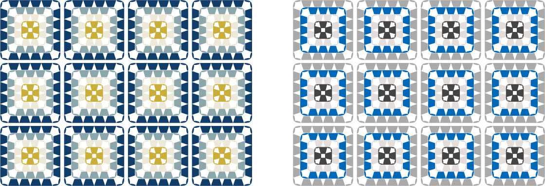 4色の毛糸で編んだモチーフ（グラニースクエア）のカラーチャート／配色例：ネイビー＆イエロー・無機質ブルー