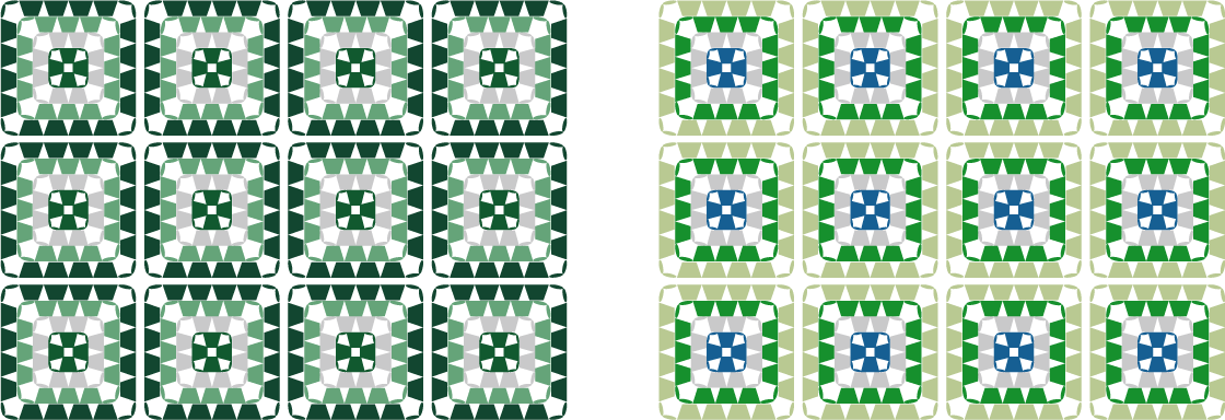 4色の毛糸で編んだモチーフ（グラニースクエア）のカラーチャート／配色例：青味グリーン・ライムグリーン