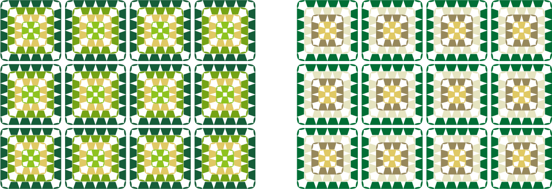 4色の毛糸で編んだモチーフ（グラニースクエア）のカラーチャート／配色例：深いグリーン・新緑グリーン