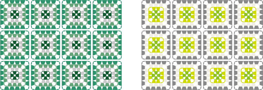 4色の毛糸で編んだモチーフ（グラニースクエア）のカラーチャート／配色例：青味グリーン・ライムグリーン
