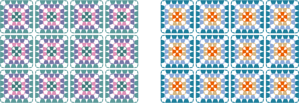 4色の毛糸で編んだモチーフ（グラニースクエア）のカラーチャート／配色例：くすみカラーのミックス