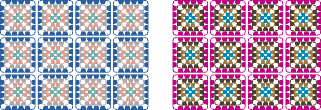 4色の毛糸で編んだモチーフ（グラニースクエア）のカラーチャート／配色例：ブルー・ピンクのミックス