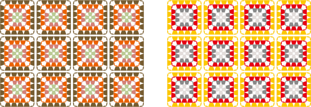 4色の毛糸で編んだモチーフ（グラニースクエア）のカラーチャート／配色例：オレンジ・イエローのミックス