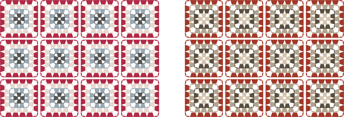 4色の毛糸で編んだモチーフ（グラニースクエア）のカラーチャート／配色例：明るいグレートーンの赤・シックなブラウン系レッド