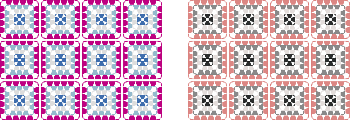 4色の毛糸で編んだモチーフ（グラニースクエア）のカラーチャート／配色例：フューシャピンク・グレーピンク