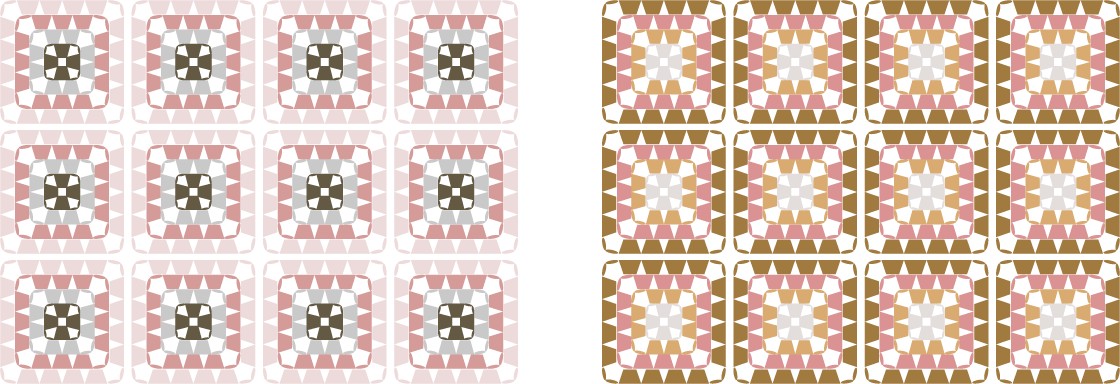 4色の毛糸で編んだモチーフ（グラニースクエア）のカラーチャート／配色例：春っぽいピンク・サーモンピンク