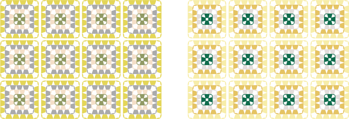 4色の毛糸で編んだモチーフ（グラニースクエア）のカラーチャート／配色例：淡いイエロー