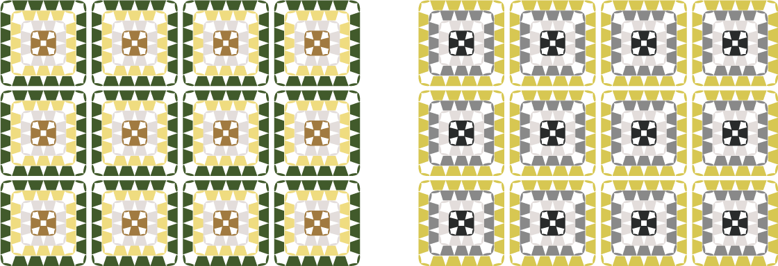 4色の毛糸で編んだモチーフ（グラニースクエア）のカラーチャート／配色例：コントラストイエロー