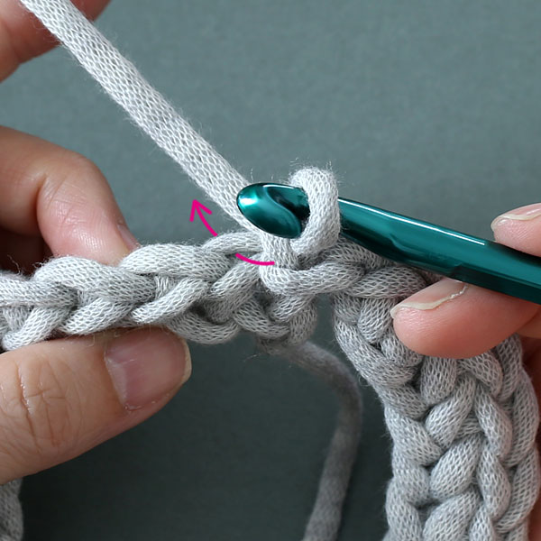 かぎ針編みで、ビーズを編み込んだすじ編みをする方法-1つ目のステップは前段の目の向こう側１本を拾う